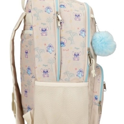 Mochila rosa com estampado de ratos, bolso de rede e pompom azul