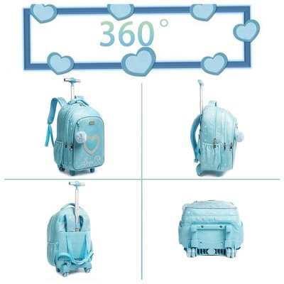 Mochila azul clara com padrão de corações e detalhes, vista de quatro ângulos