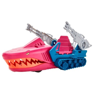 Brinquedo de carro em forma de tubarão cor-de-rosa com armas cinzentas e lagartas azuis