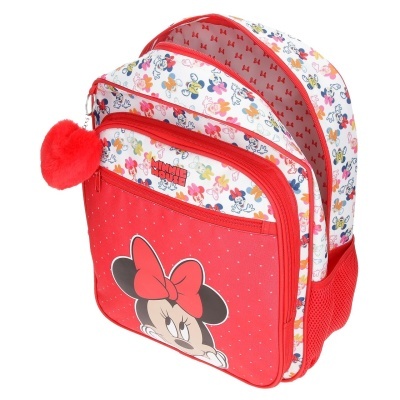Mochila vermelha e branca da Minnie Mouse com padrão de personagens e pendente de peluche em forma de coração