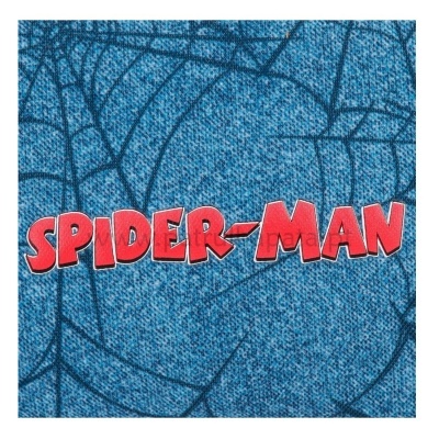 Tecido azul com padrão de teia e texto Spider-Man em vermelho