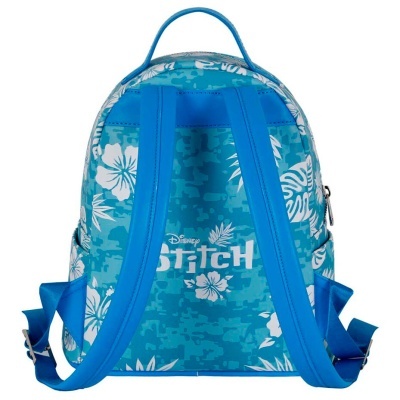 Mochila Disney Stitch azul com padrão floral branco e alças azuis