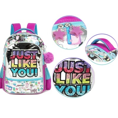 Mochila colorida com texto em lantejoulas e fechos em forma de estrelas