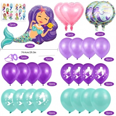 Balões coloridos com tema de sereia, incluindo balões de látex e metalizados, e adesivos de sereias.