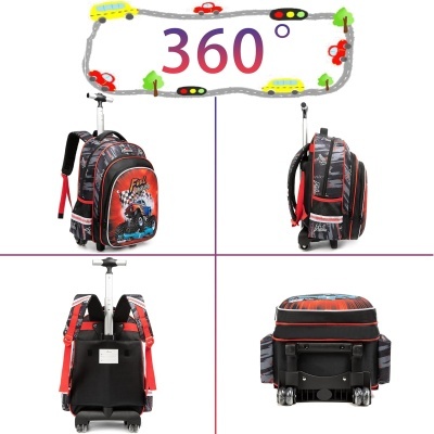 Mochila com carrinho preta, cinzenta e vermelha com imagem de motociclista vista de vários ângulos