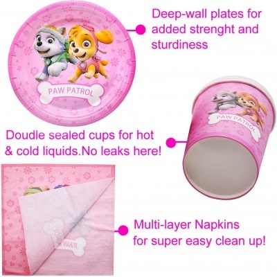Conjunto de festa da Patrulha Pata rosa com pratos fundos, copos e guardanapos com imagens das personagens.