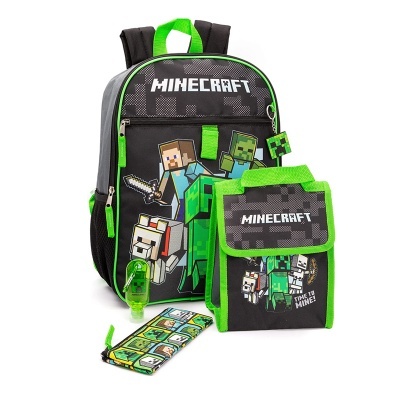 Mochila escolar Minecraft preta e verde com personagens e acessórios combinando