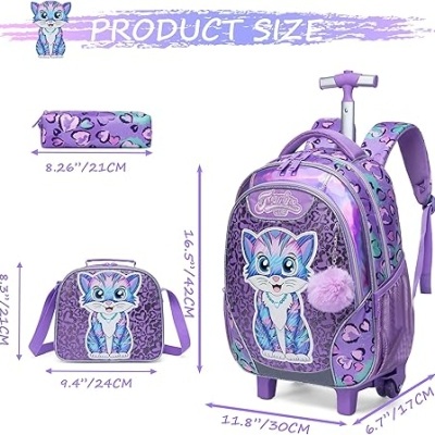Conjunto Escolar Trolley Gatinha roxa - Trolley + lancheira + porta-lápis