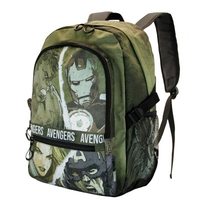 Mochila verde com estampa dos Avengers e alças cinza