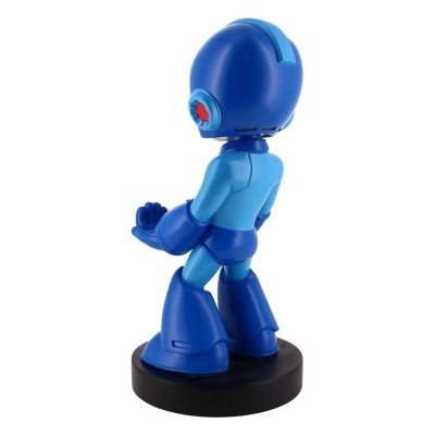Figura colecionável de robô azul em base preta