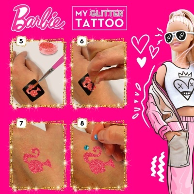 Instruções para tatuagem de glitter Barbie com quatro passos e boneca Barbie à direita