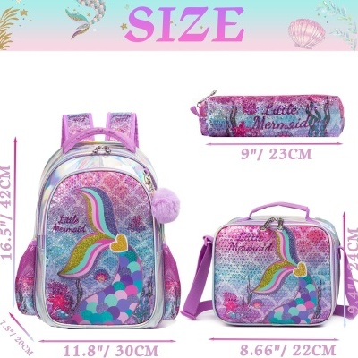 Conjunto Escolar Sereia - Mochila + lancheira + porta-lápis