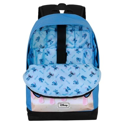 Mochila azul com padrão Disney Stitch no interior e aba frontal