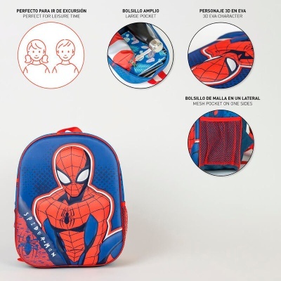 Mochila infantil azul e vermelha com Homem-Aranha em 3D e bolsos