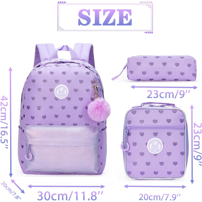 Conjunto Escolar Corações Roxos - Mochila Escolar + Lancheira + Porta-lápis
