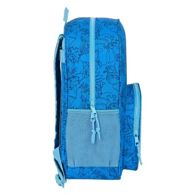 Mochila azul com desenhos cartunescos e fechos de correr
