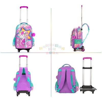 Mochila de carrinho infantil roxa com estampa de unicórnio e puxador metálico