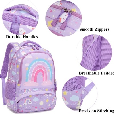 Mochila lilás com padrão colorido e alças acolchoadas