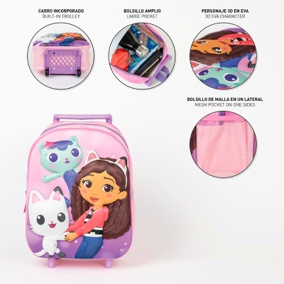 Mochila infantil cor-de-rosa com personagens em EVA 3D e bolso lateral de malha