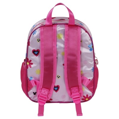Mochila infantil rosa com flores, corações e alças cor de rosa