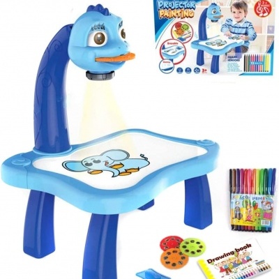 Mesa de desenho infantil azul com projetor de dinossauro e acessórios coloridos