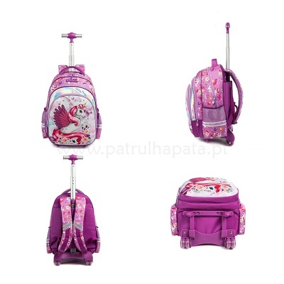 Mochila de carrinho cor-de-rosa com flamingo e estrelas coloridas