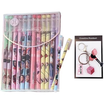 Conjunto 12 canetas gel guerreiras Kpop inspiração Huntrix + porta-chaves