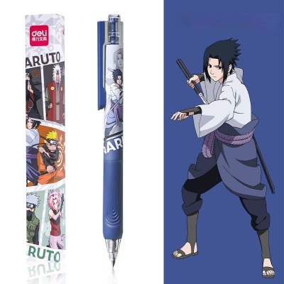 Caneta azul com desenho do Naruto e embalagem, personagem do anime em fundo azul