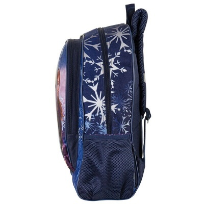 Mochila azul com flocos de neve e bolsos laterais em rede