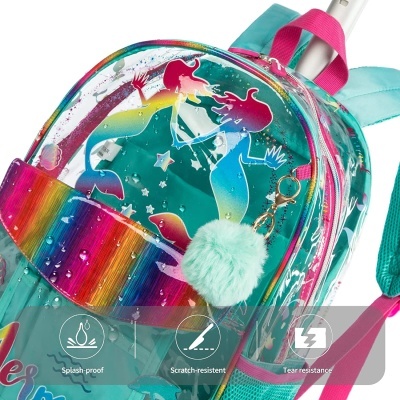 mochila azul turquesa com sereias e faixa arco-íris