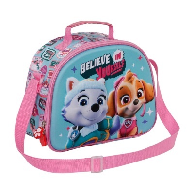 Mala infantil azul e rosa com personagens da Patrulha Pata e texto motivacional