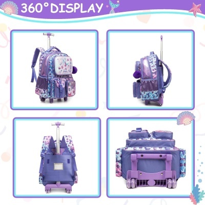 Mochila roxa com carrinho e padrão de conchas vista de vários ângulos