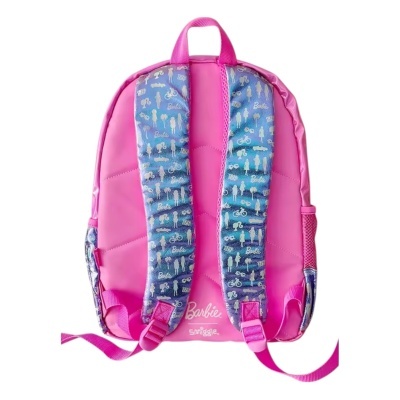 Mochila rosa com alças azuis decoradas Vista traseira