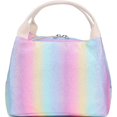 Mala pequena com padrão de riscas verticais pastel e alça branca