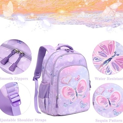 Conjunto Escolar Borboleta - Mochila + lancheira + porta-lápis