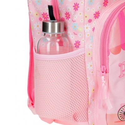 Mochila rosa floral com bolso em rede e garrafa transparente