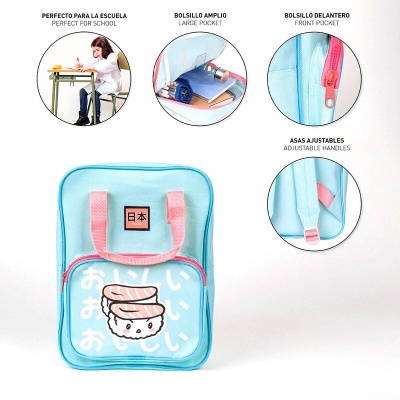 Mochila azul claro com alças rosa e estampa de sushi sorridente