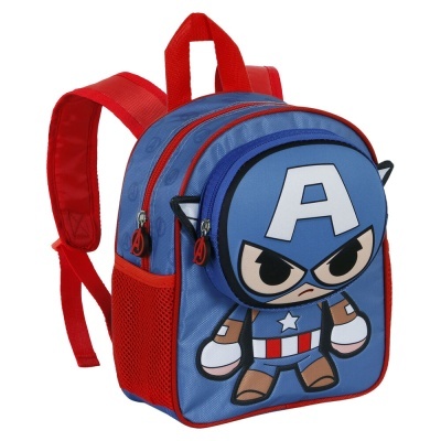 Mochila infantil azul e vermelha com estampa do Capitão América cartoon