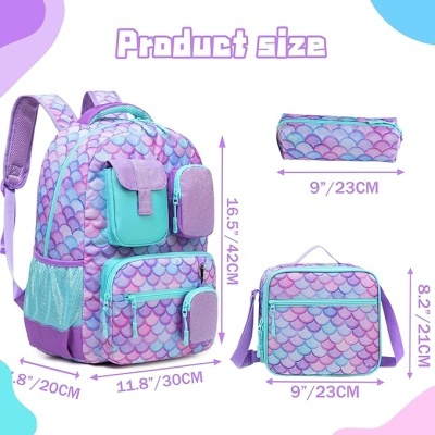 Conjunto Escolar Sereia Skin - Mochila + lancheira + porta-lápis