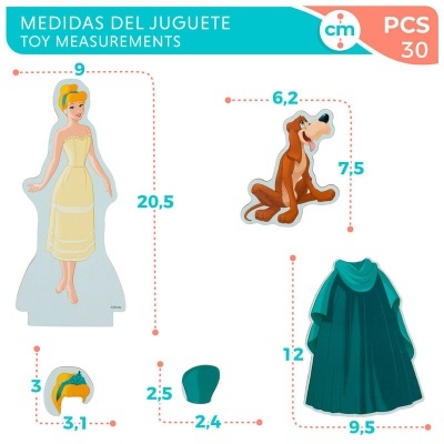 Peças de brinquedo da personagem com vestido amarelo, cão castanho, capa verde e acessórios com medidas em cm e texto em espanhol e inglês