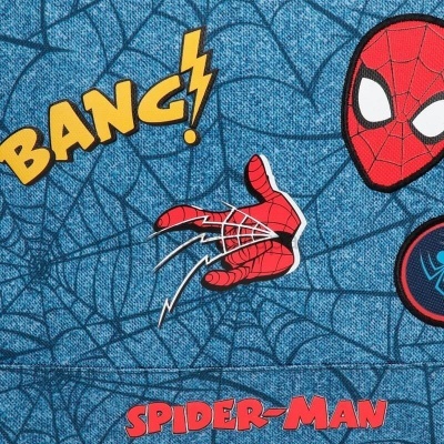 Padrão azul com teia e imagens do Homem-Aranha, texto BANG! e SPIDER-MAN.