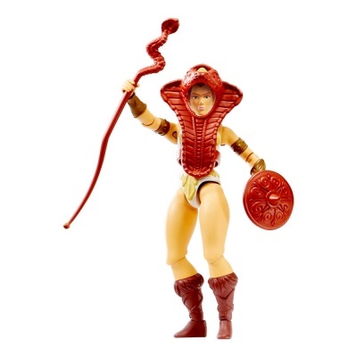 Figura de ação de mulher guerreira com capacete e escudo vermelhos