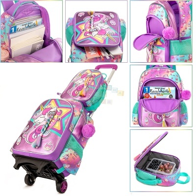 Mochila escolar roxa com tema de unicórnio e rodinhas.