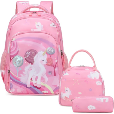 Conjunto rosa de mochila, lancheira e estojo com desenho de unicórnio e arco-íris