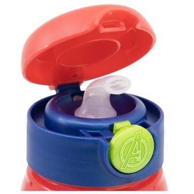 Garrafa colorida com tampa e símbolo dos Avengers