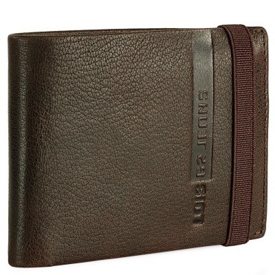 Carteira de couro castanho escuro com elástico e texto em relevo