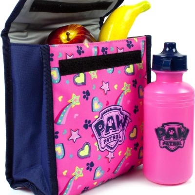 Mala térmica azul e rosa com desenhos coloridos e garrafa rosa PAW PATROL