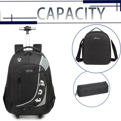 Conjunto de mochila de carrinho, mochila pequena e estojo, todos pretos com detalhes cinza.