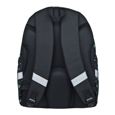 Mochila preta vista de costas com alças acolchoadas e detalhes cinza