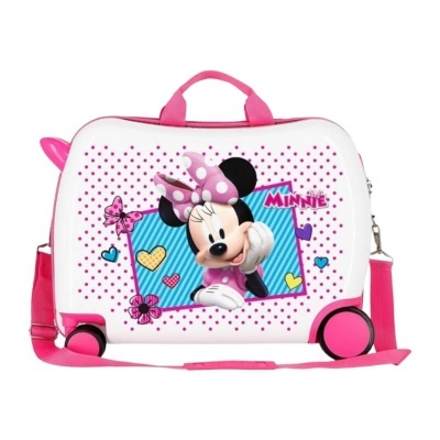 Mala infantil Minnie Mouse rosa, branco e azul com alças e rodas
